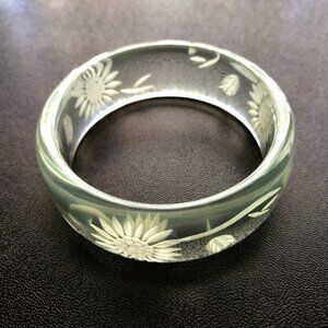 Vintage Clear Lucite Bangle Bracelet Aquamarine Tint Reverse Carved Acrylic